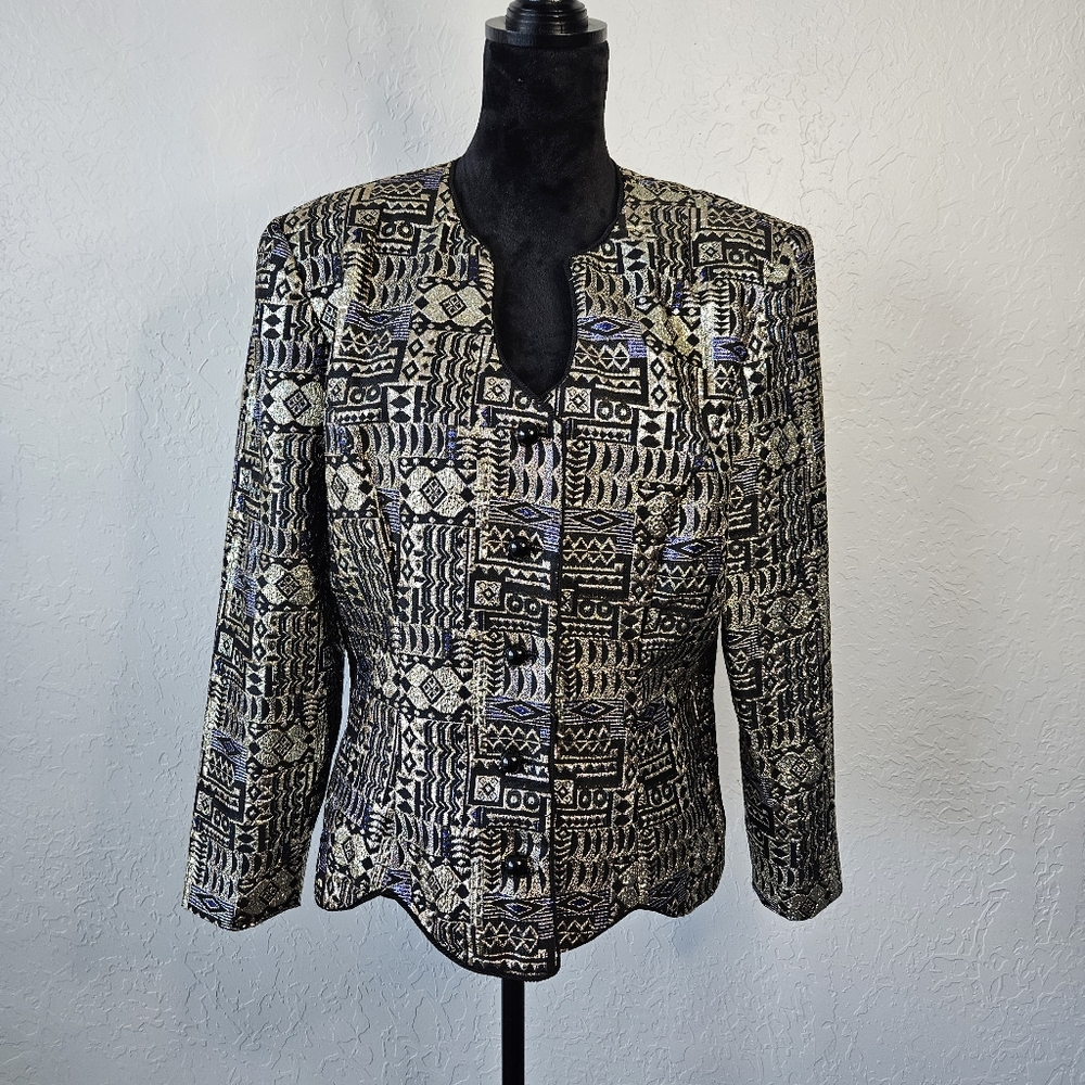 Patra Vintage 80's Gold Metallic Long Sleeve Tapestry Jacket Geometric Sz 16 - Picture 1 of 14